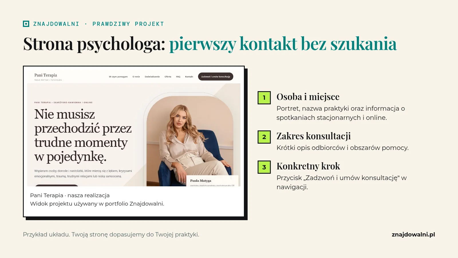 Pięć pytań na stronie psychologa: kto przyjmuje, dla kogo, gdzie, na jakich zasadach i jak się zapisać.