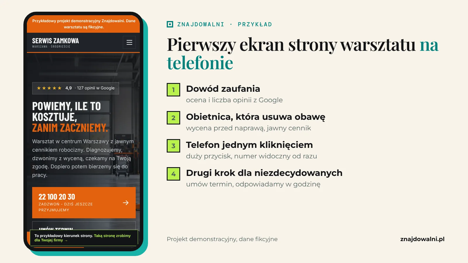 Pierwszy ekran przykładowej strony warsztatu na telefonie z opiniami, obietnicą wyceny i dużym przyciskiem telefonu