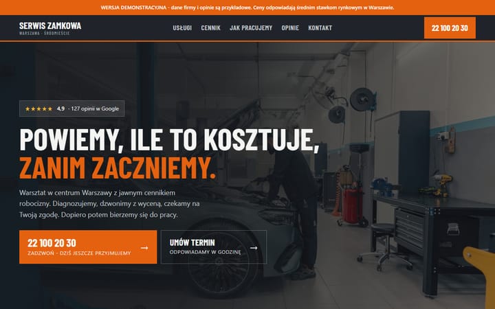 Podgląd hero strony Serwis Zamkowa z przyciskiem umówienia terminu