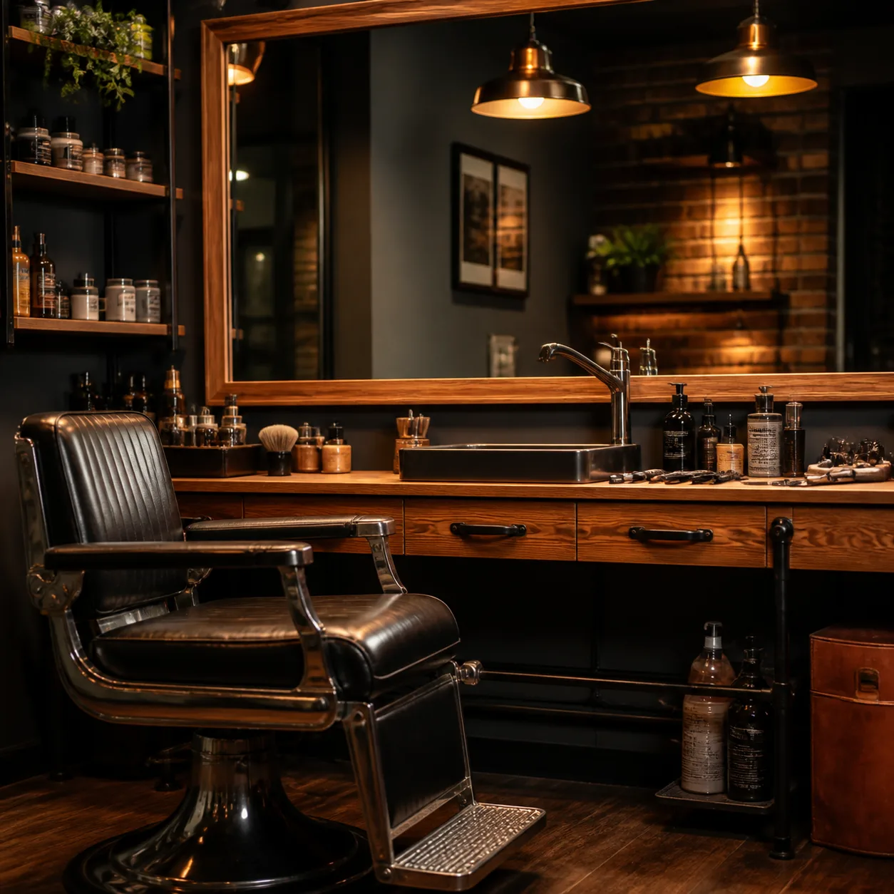 Ciemne, eleganckie wnętrze barbershopu z fotelem
