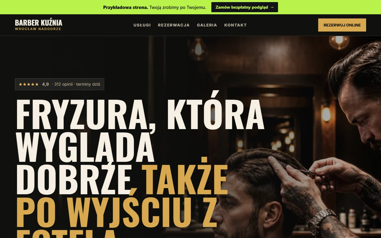 Widok przykładowej strony barbera Barber Kuźnia