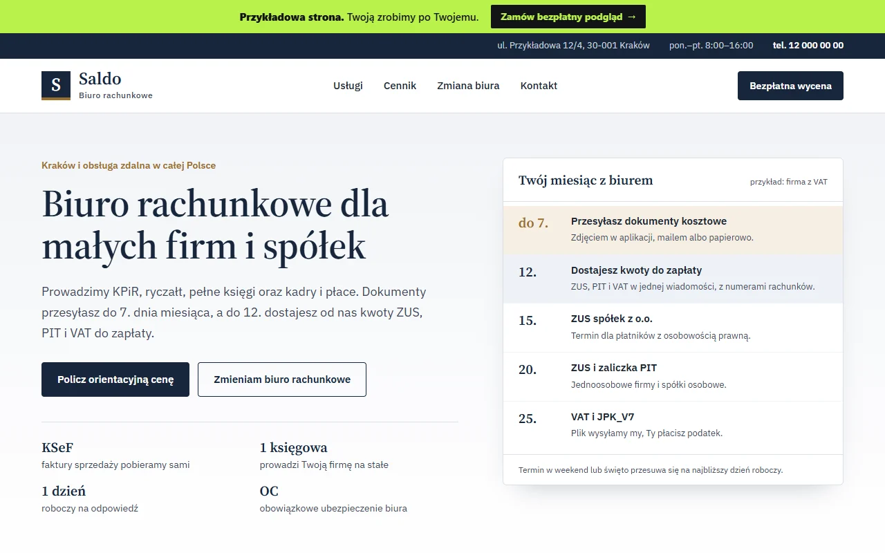 Widok przykładowej strony biura rachunkowego Saldo: oferta, kalendarz terminów i przycisk kalkulatora ceny
