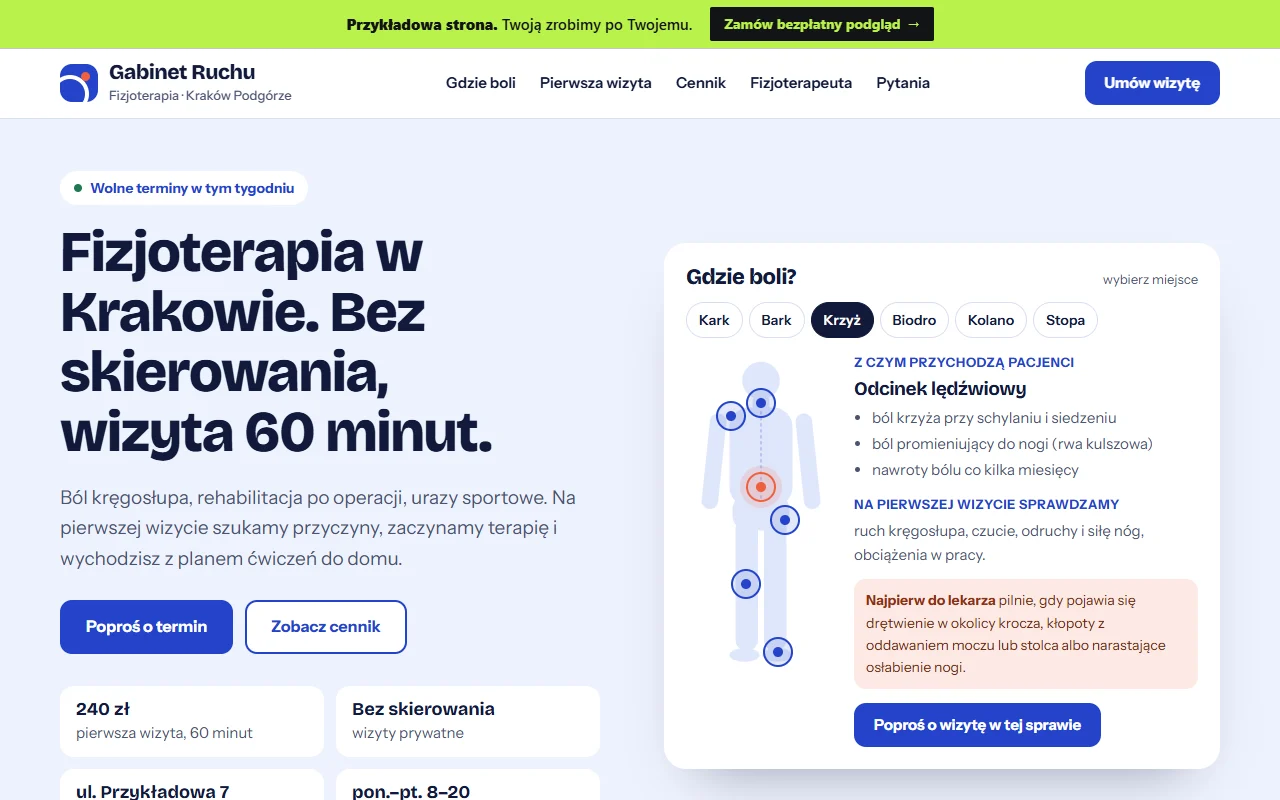 Widok przykładowej strony gabinetu fizjoterapii Gabinet Ruchu z mapą „gdzie boli” i cennikiem pierwszej wizyty
