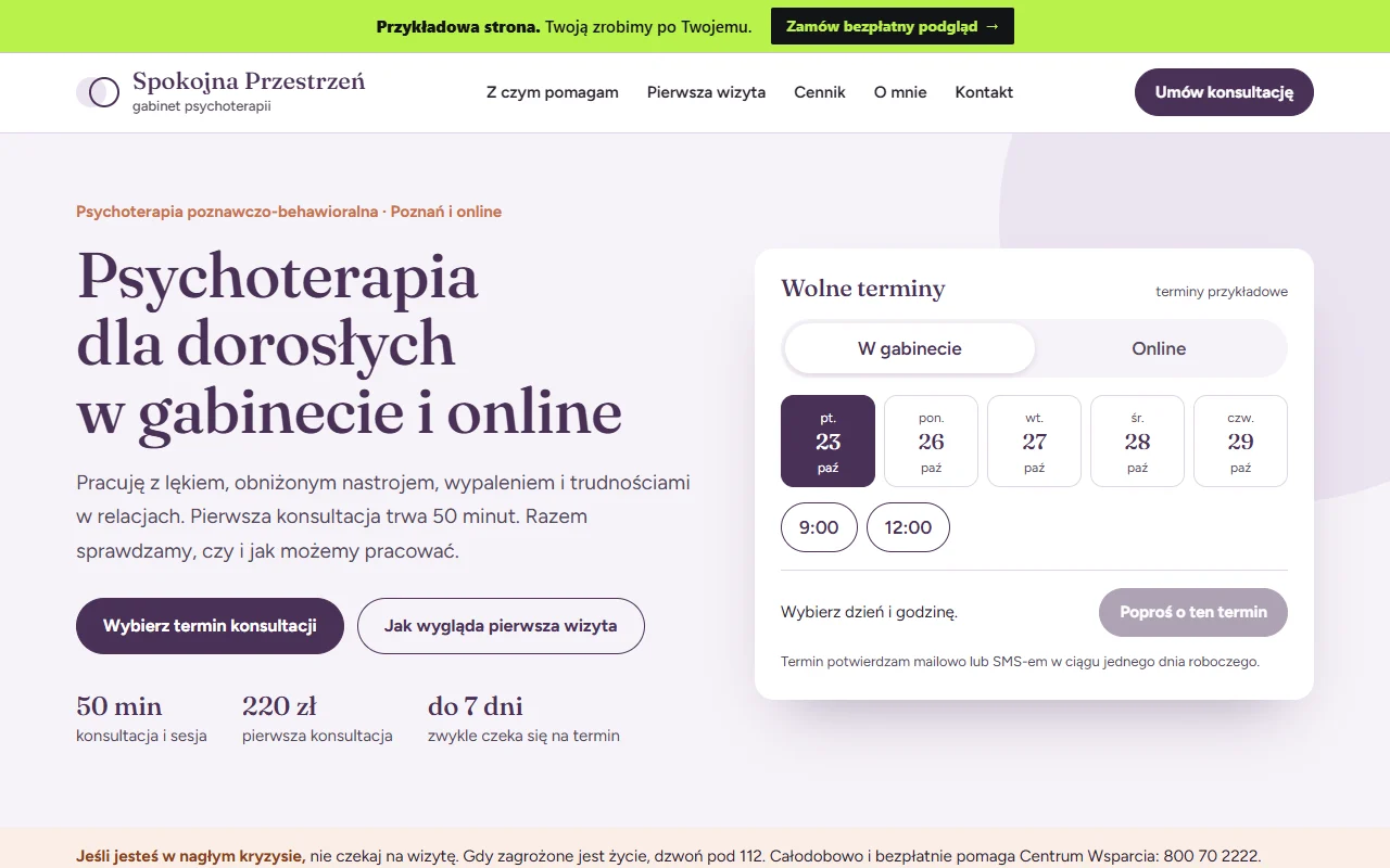 Widok przykładowej strony gabinetu psychoterapii Spokojna Przestrzeń z kalendarzem wolnych terminów