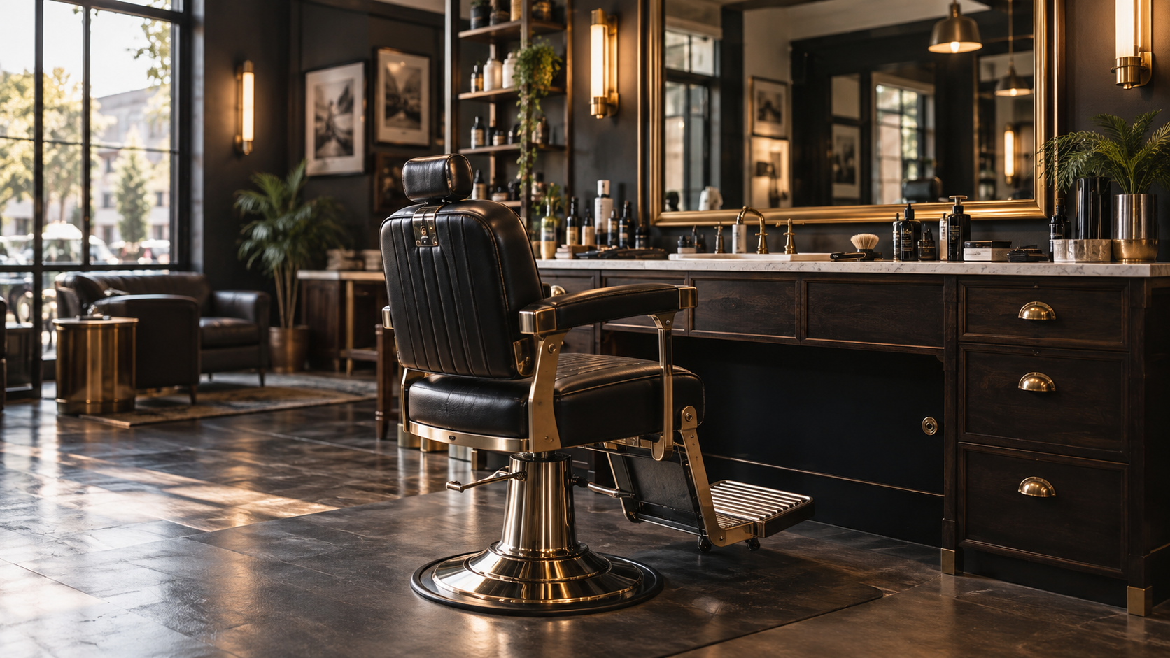 Elegancki salon beauty i barber z fotelem, lustrami i ciepłym światłem
