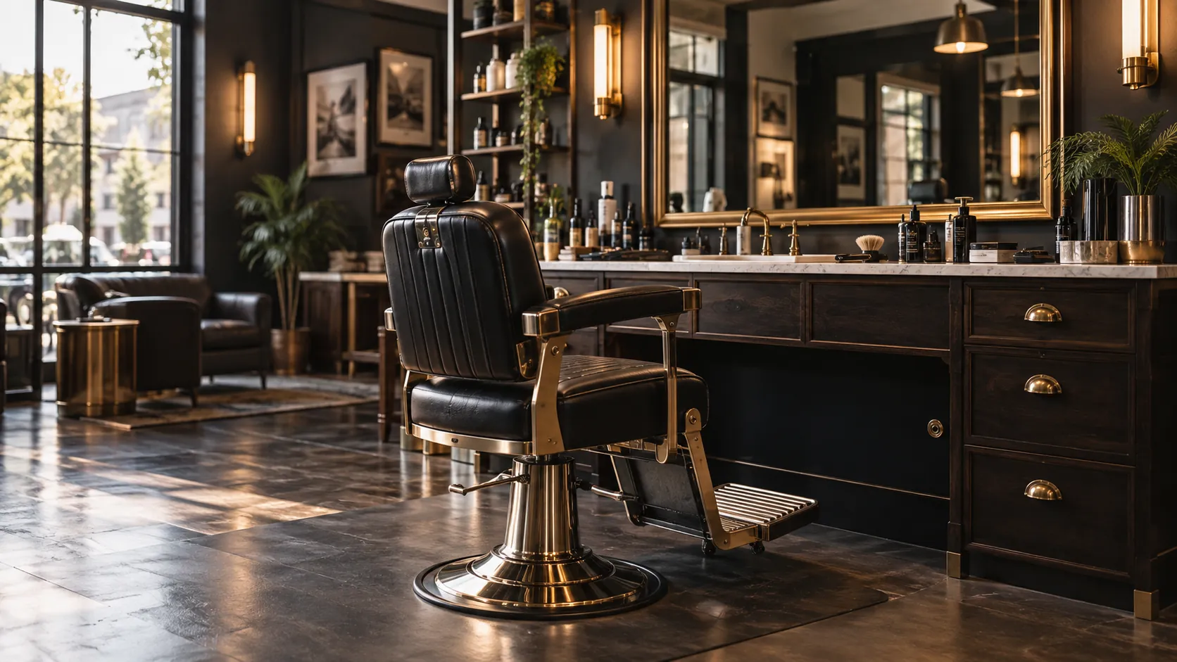 Elegancki salon beauty i barber z fotelem, lustrami i ciepłym światłem